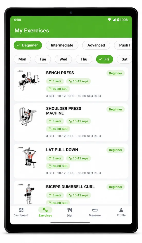 Guru Fitness Club app — Workout Plans — Tablet